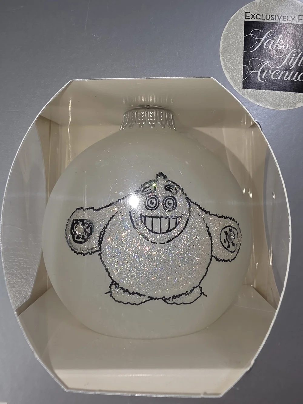 Saks Fifth Avenue White Glass Hand Painted Yeti Exclusive Holiday Ornament